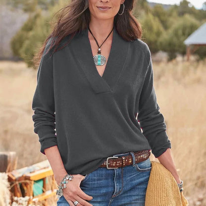 SIMPLE PLAIN LONG SLEEVE V-NECK SWEATER