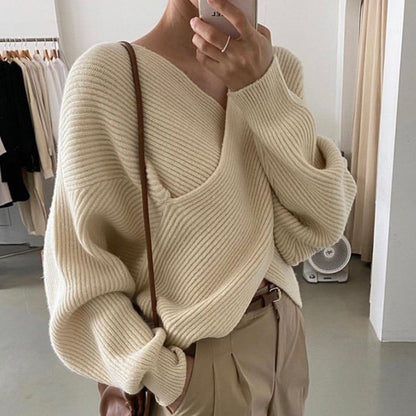Simple Big V Neck Cross Design Loose Sweater