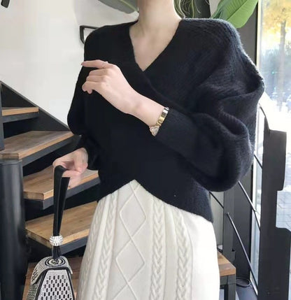 Simple Big V Neck Cross Design Loose Sweater