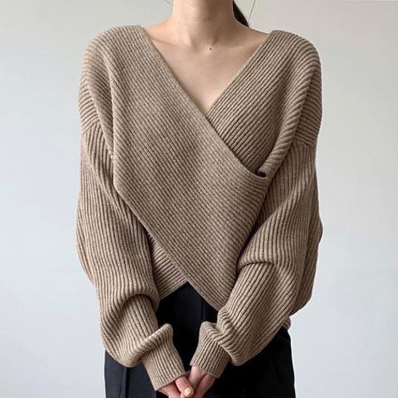 Simple Big V Neck Cross Design Loose Sweater