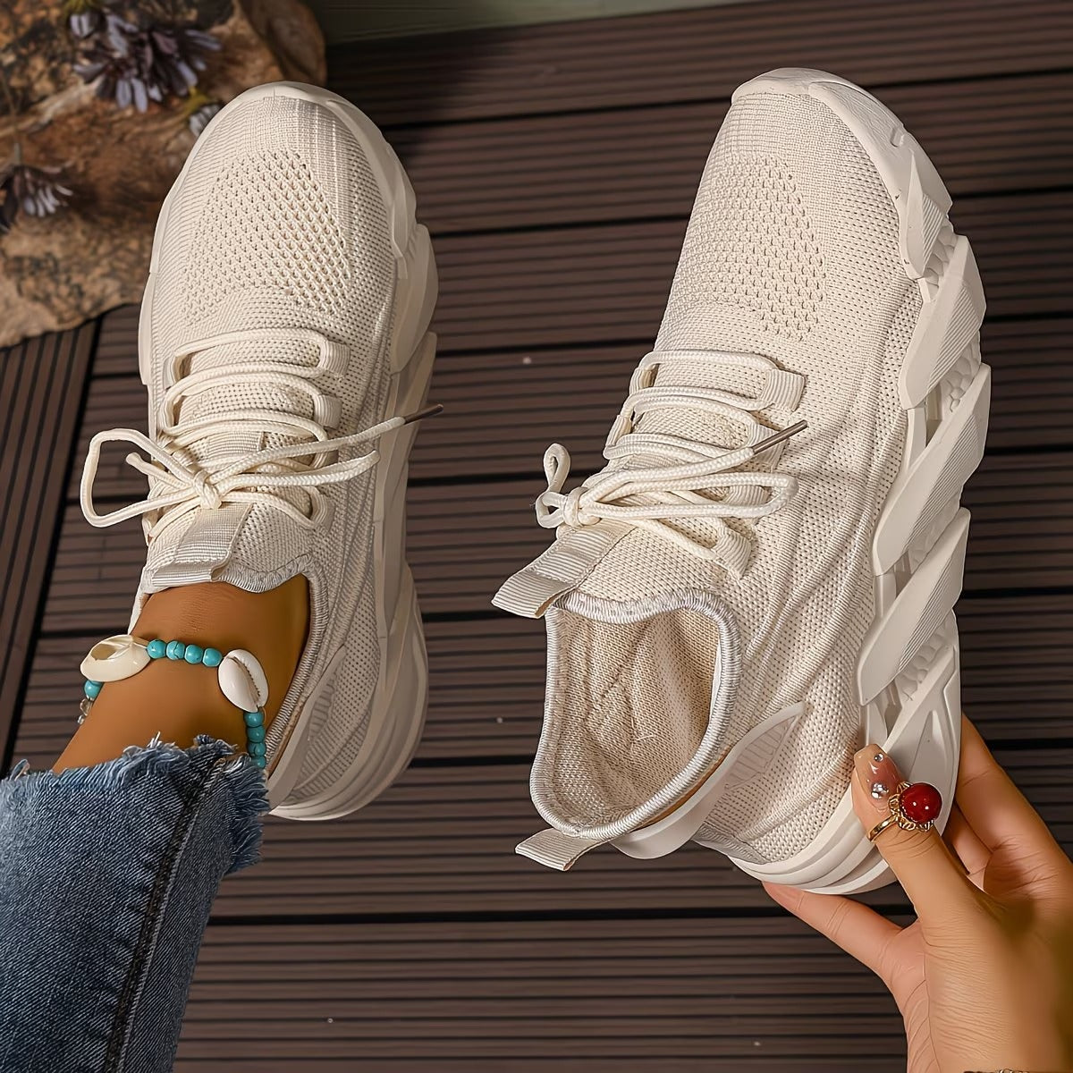 Women's Lightweight & Comfortable Mesh Lace-Up Fly-Woven Sneakers Running Shoes